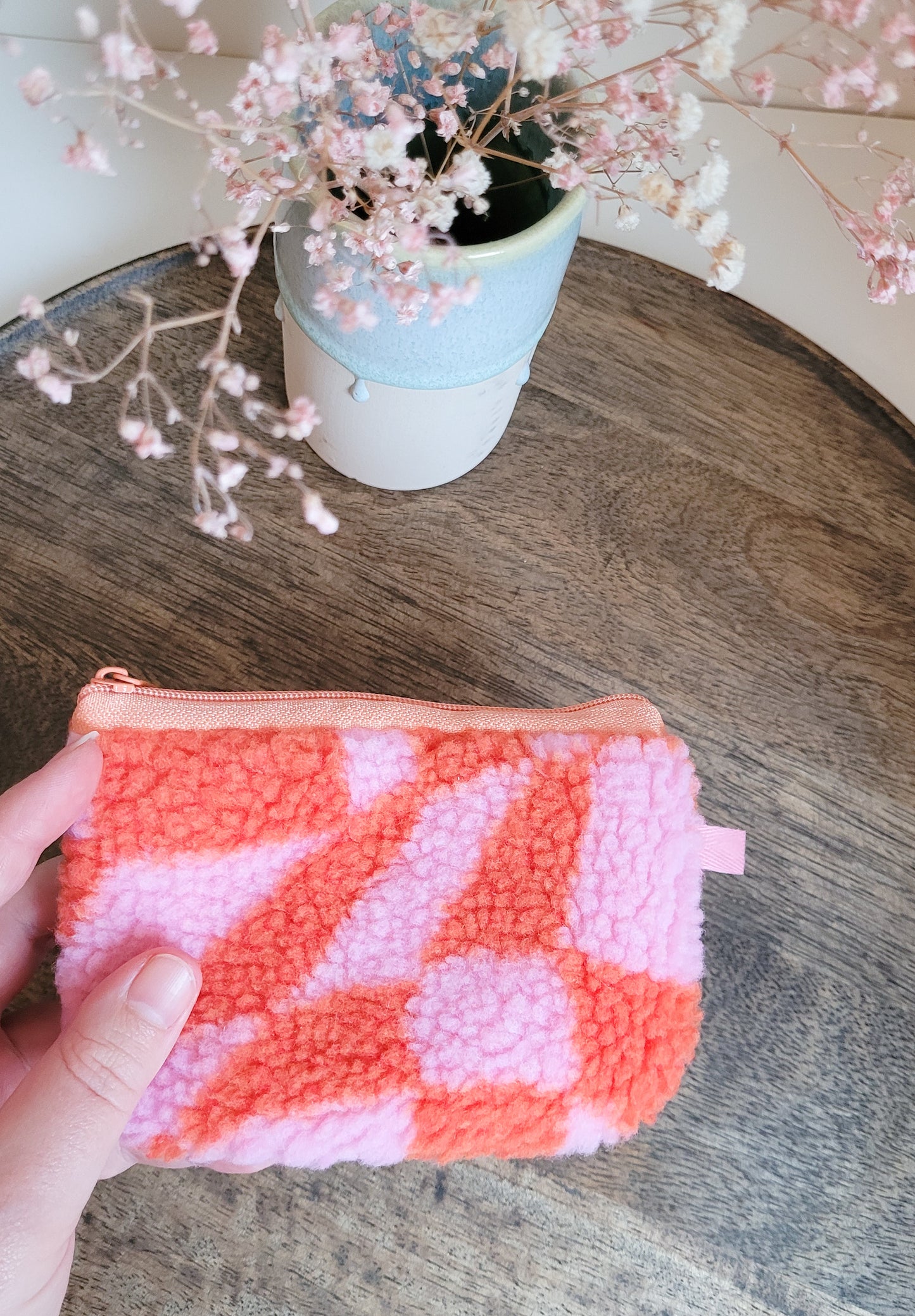 Rosa/Orange Teddyfell Täschchen mit Zipper - Größe 14x9 cm