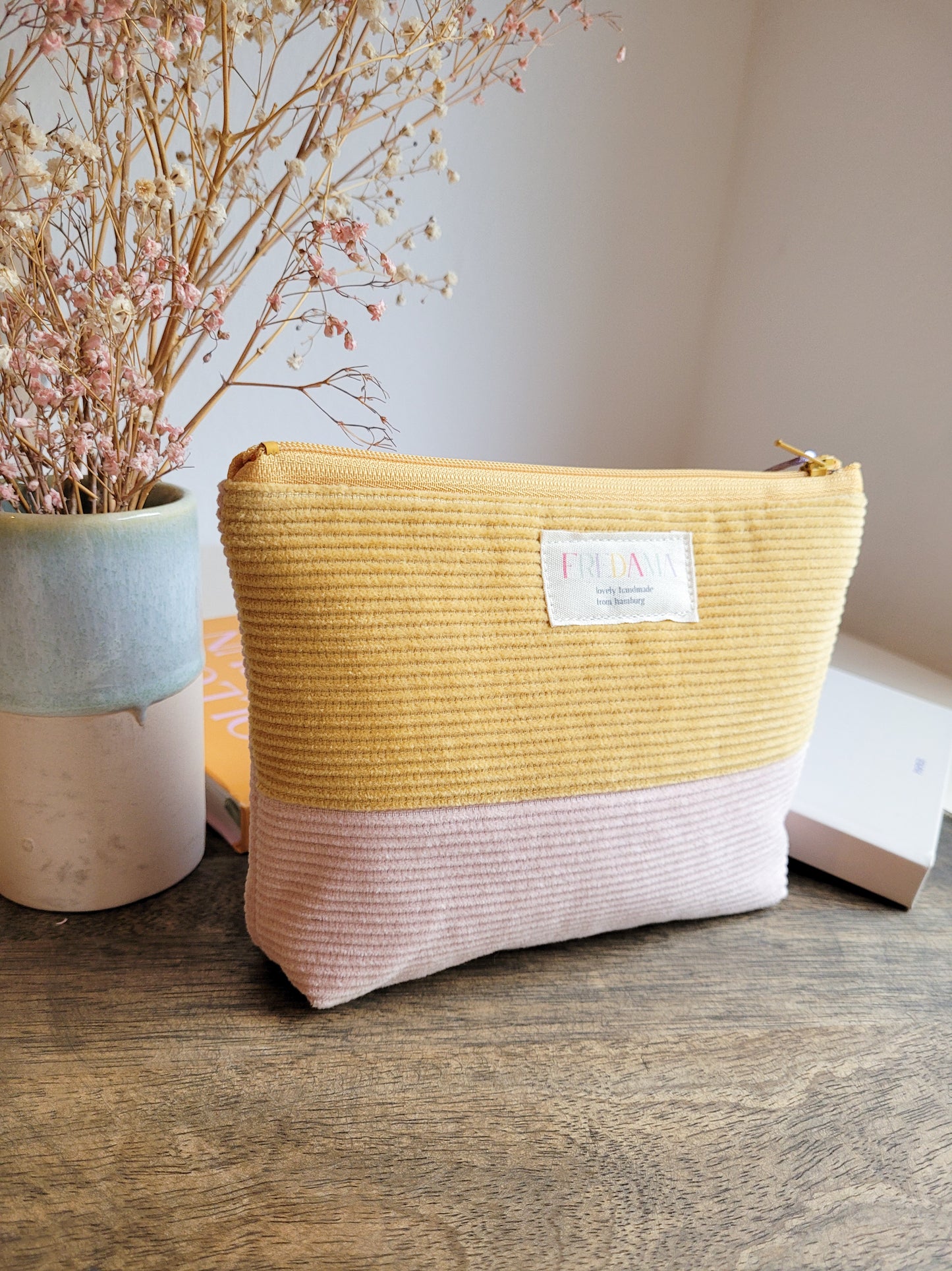 Große Cord Kosmetiktasche mit Zipper, Rosa und Gelb, 20x13x4 cm