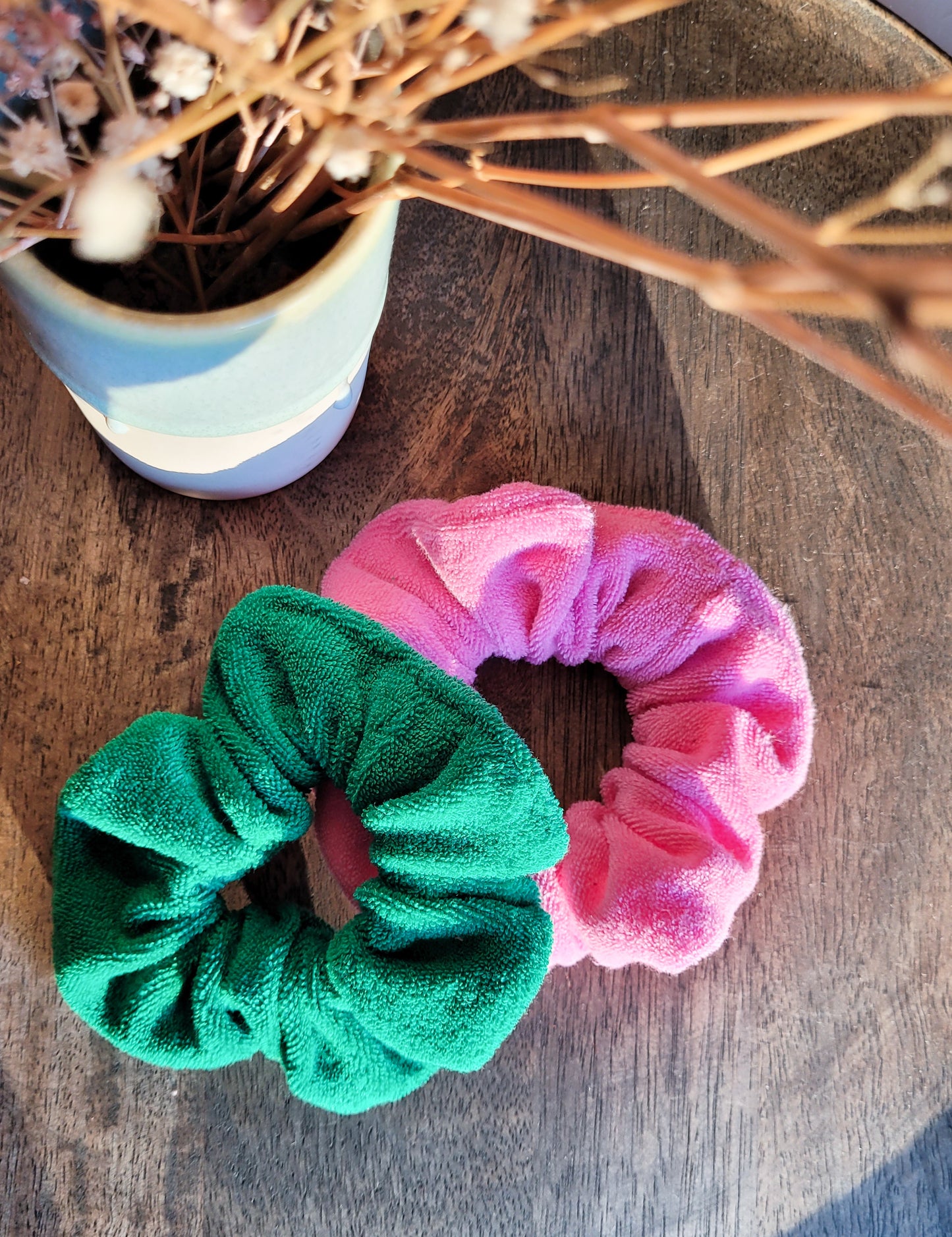 Frottee Scrunchies in Grün und Pink - mini und Groß