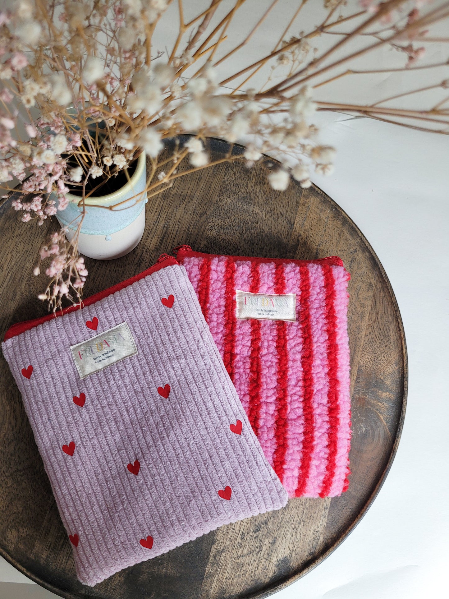 E-Reader Tasche Teddystoff mit Streifen in Rot/Pink, E-Book Hülle mit Zipper