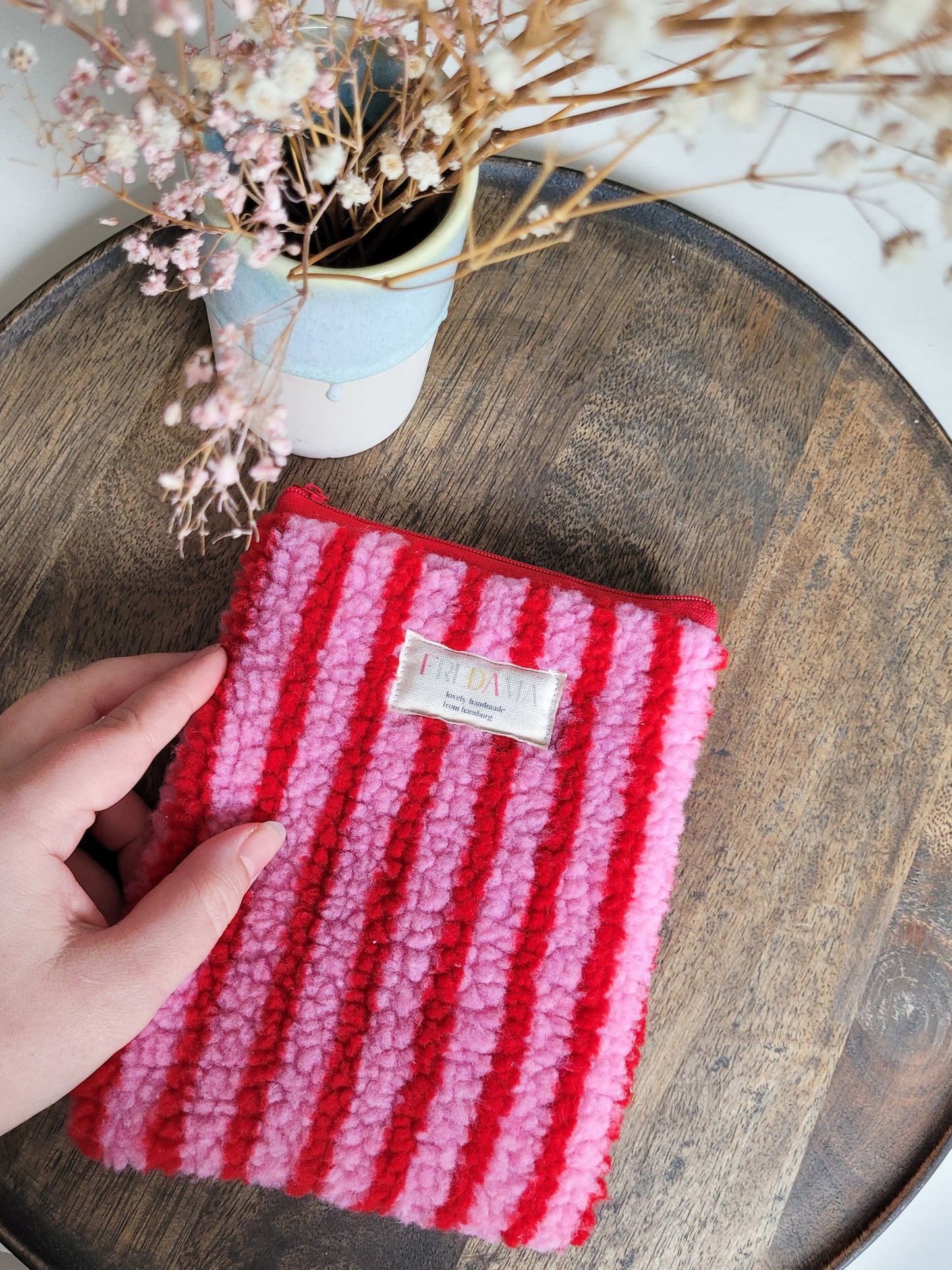 E-Reader Tasche Teddystoff mit Streifen in Rot/Pink, E-Book Hülle mit Zipper