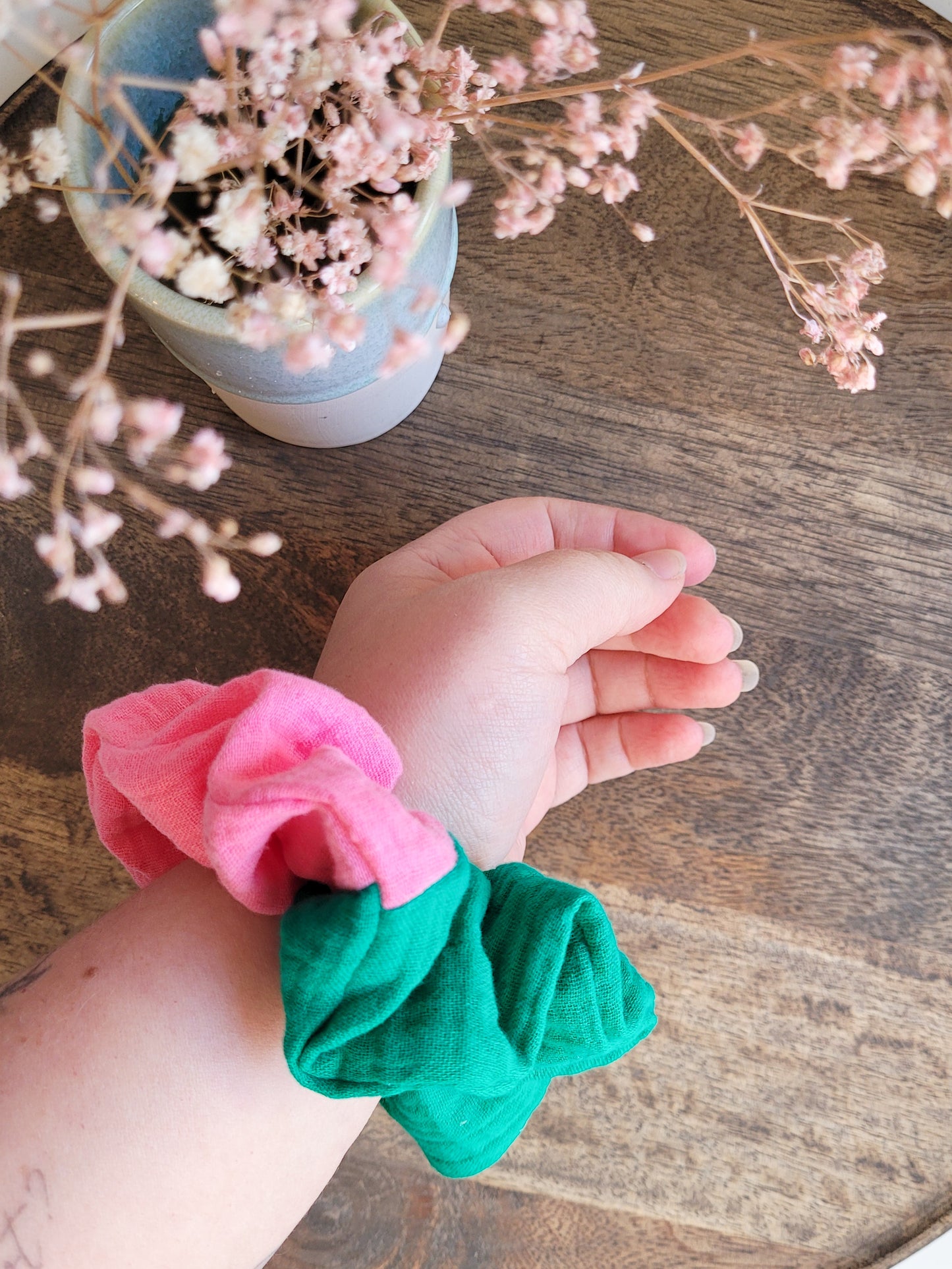 Musselin Scrunchie Pink / Grün - Groß