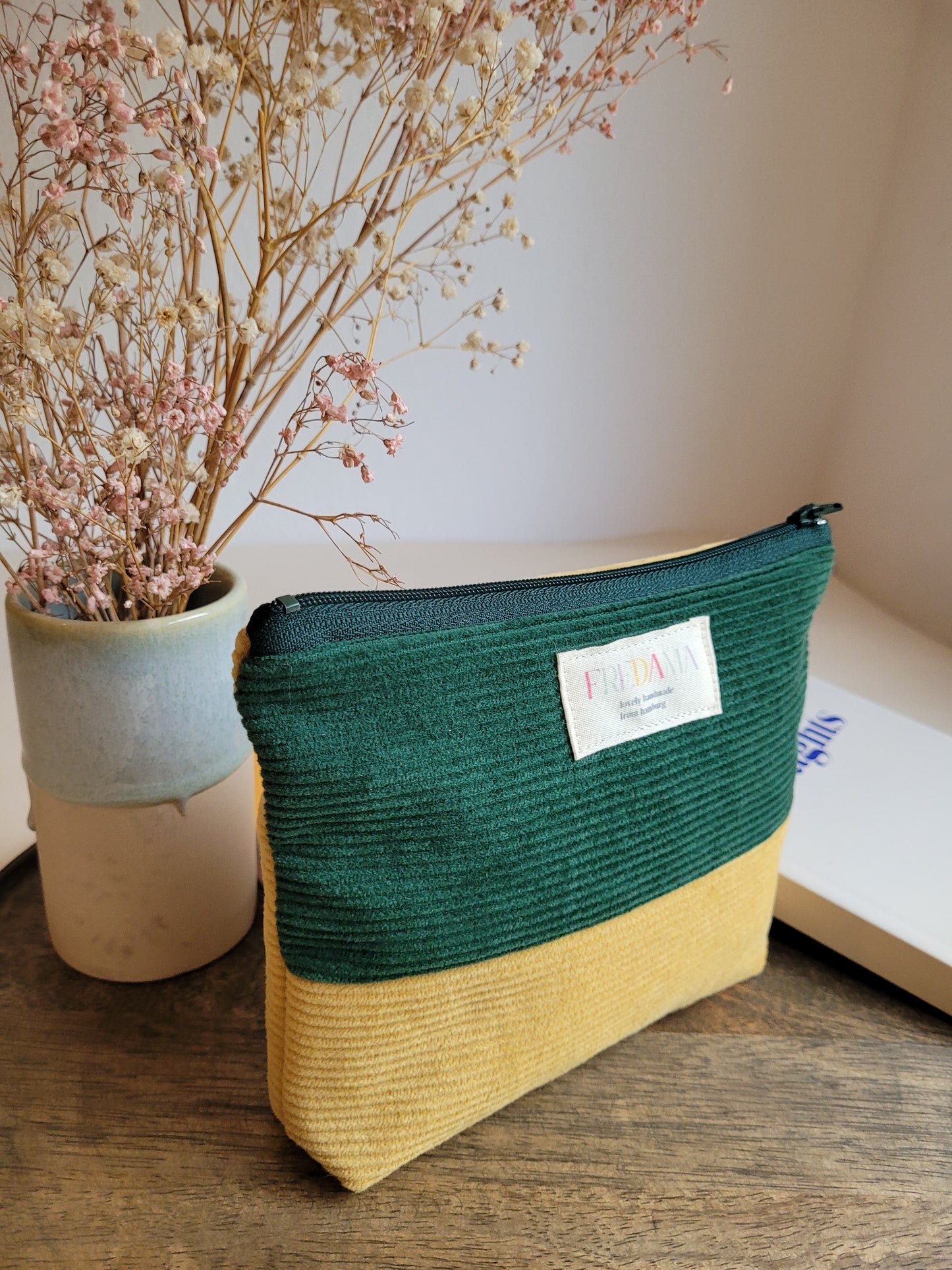 Große gelb/grün Cord Kosmetiktasche mit Zipper, Maße 20x13x4 cm