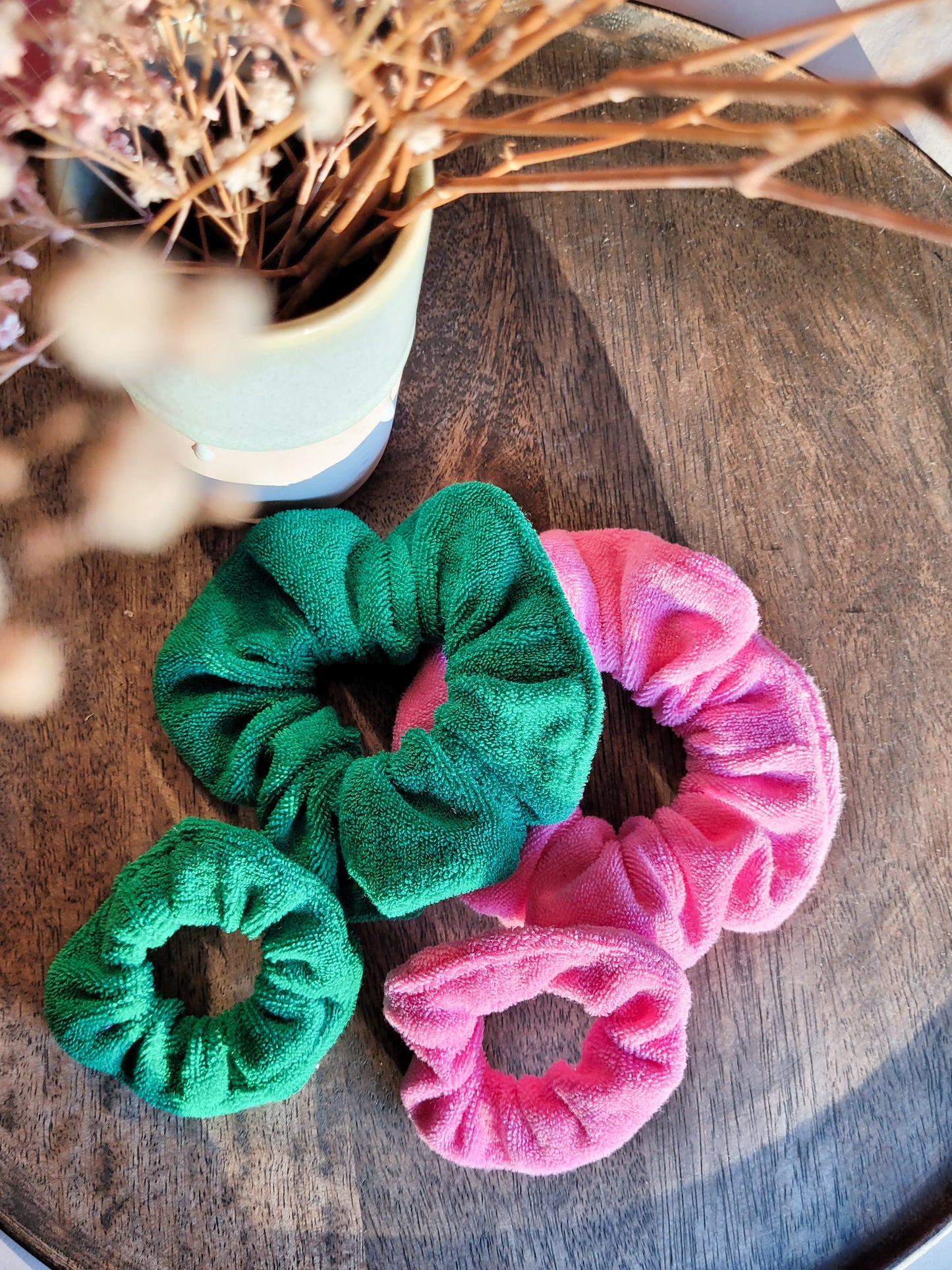 Frottee Scrunchies in Grün und Pink - mini und Groß