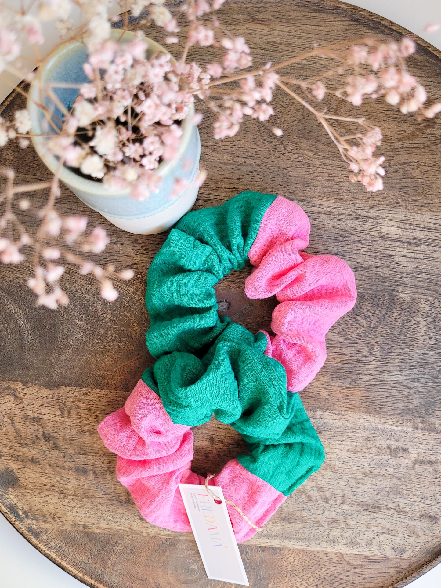 Musselin Scrunchie Pink / Grün - Groß