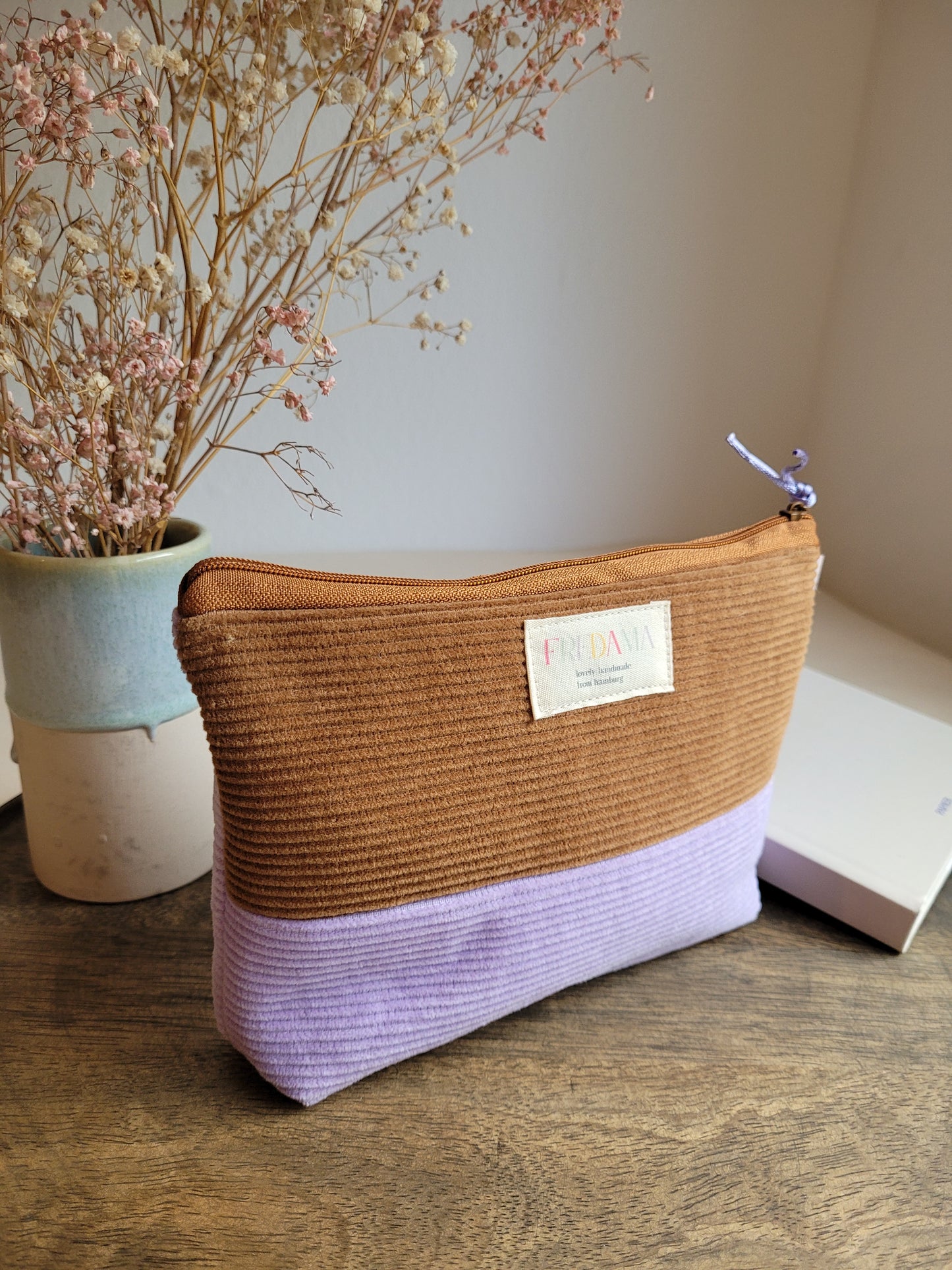 Große lila/braun Cord Kosmetiktasche mit Zipper, Maße 20x13x4 cm