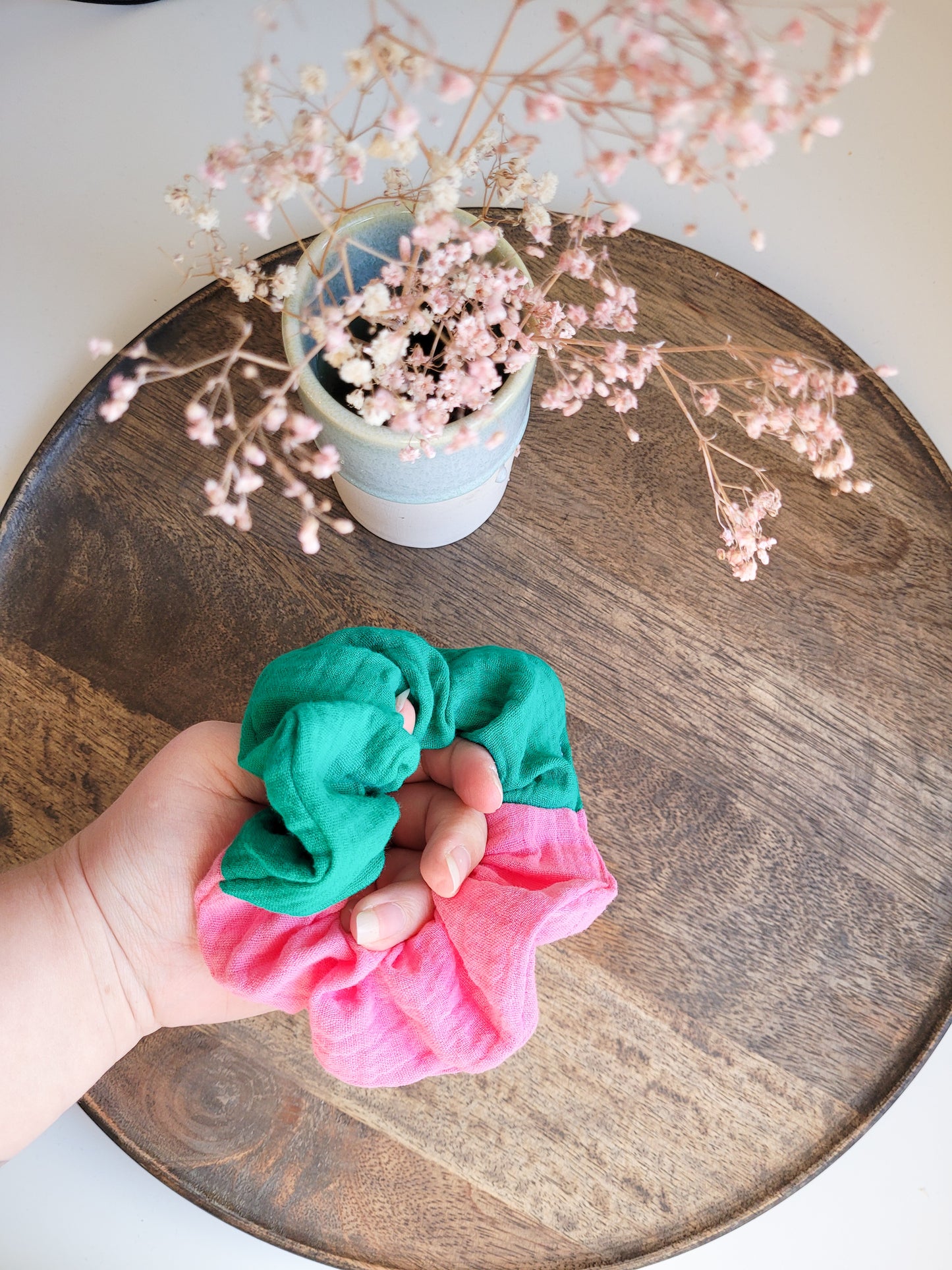 Musselin Scrunchie Pink / Grün - Groß