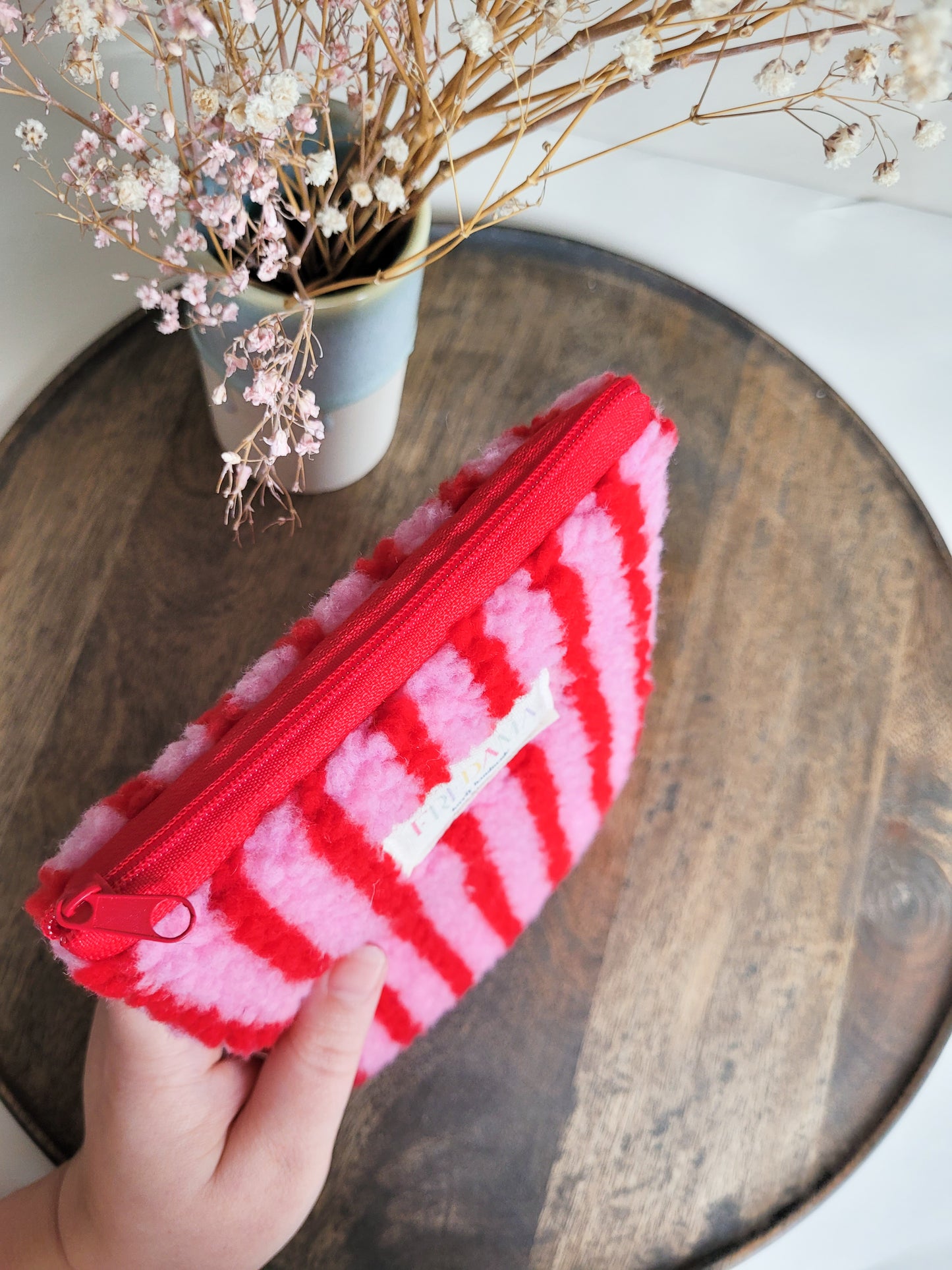 E-Reader Tasche Teddystoff mit Streifen in Rot/Pink, E-Book Hülle mit Zipper