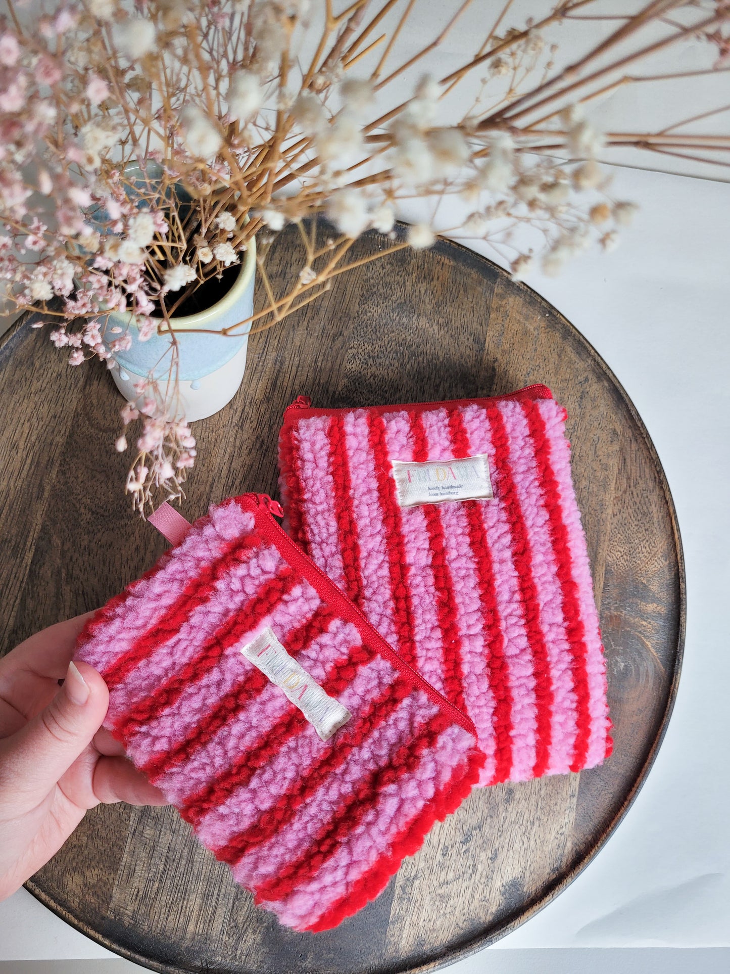 E-Reader Tasche Teddystoff mit Streifen in Rot/Pink, E-Book Hülle mit Zipper
