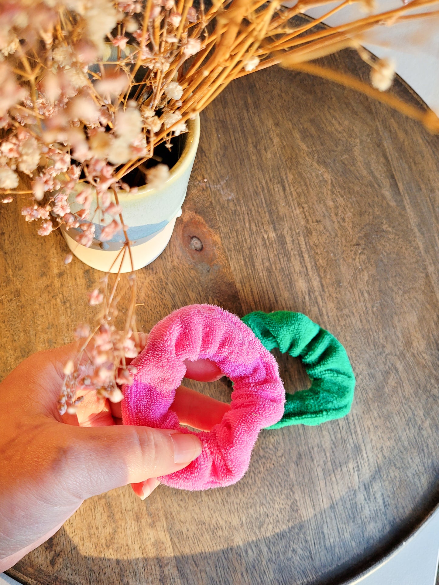 Frottee Scrunchies in Grün und Pink - mini und Groß