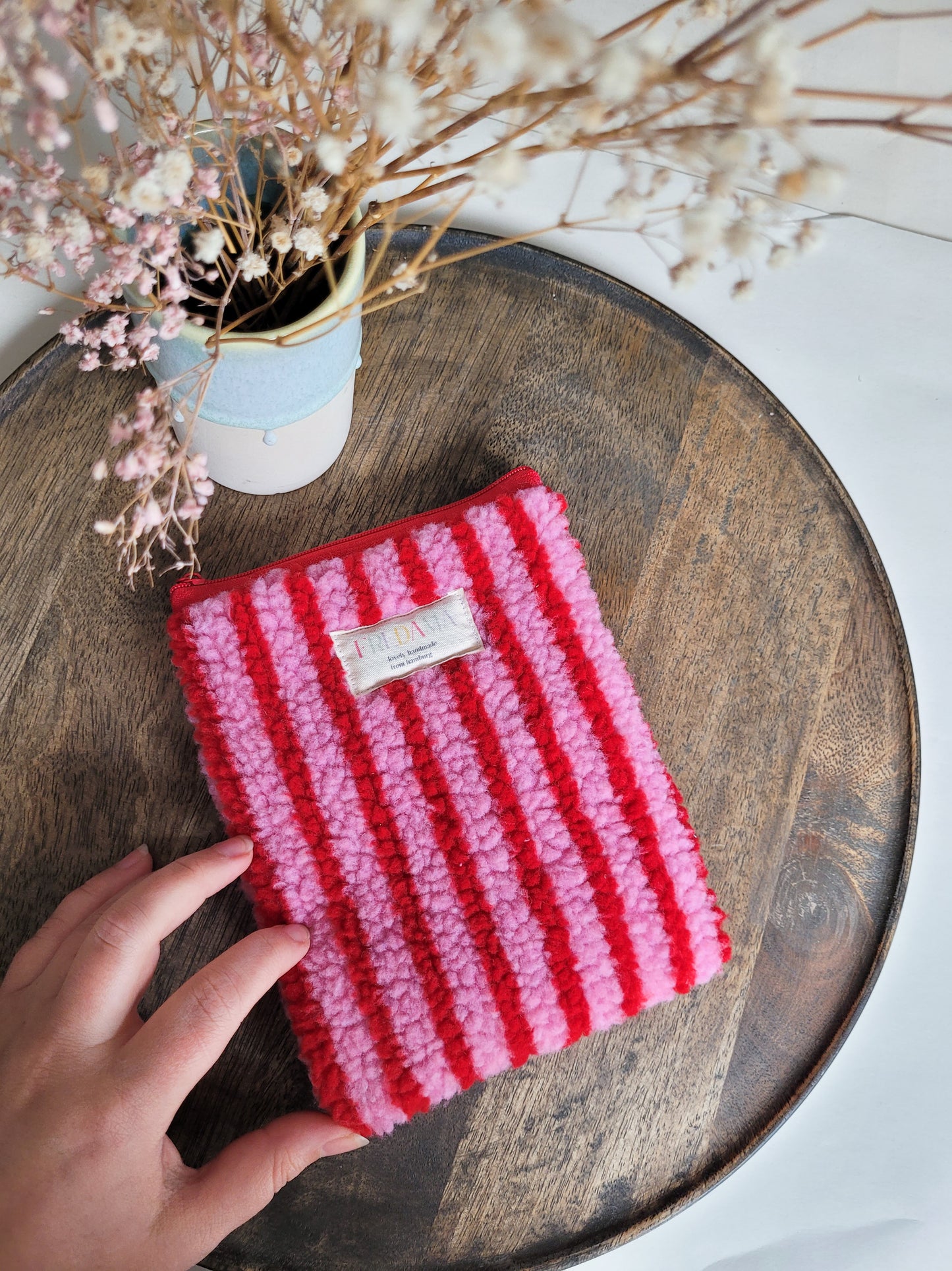 E-Reader Tasche Teddystoff mit Streifen in Rot/Pink, E-Book Hülle mit Zipper