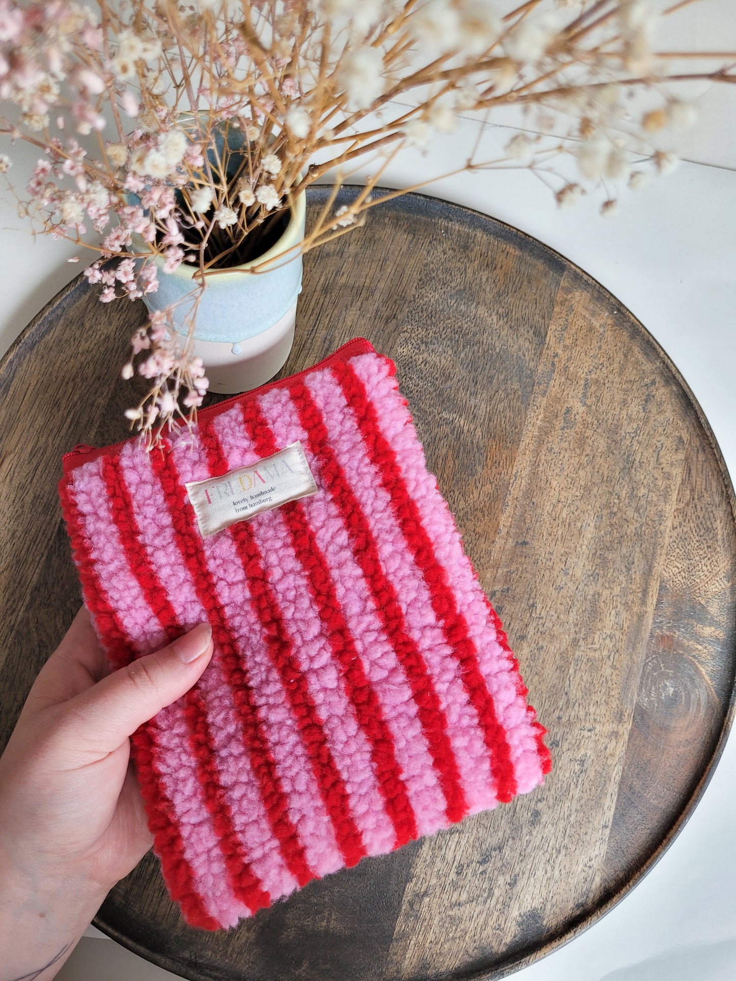 E-Reader Tasche Teddystoff mit Streifen in Rot/Pink, E-Book Hülle mit Zipper