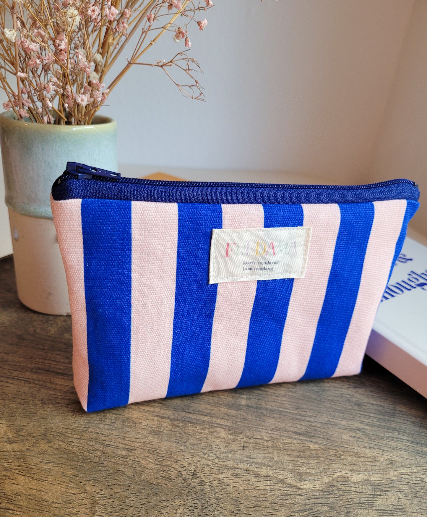 kleine Kosmetiktasche blau/rosa gestreifter Canvas, mit Boden, Maße 17x11 cm