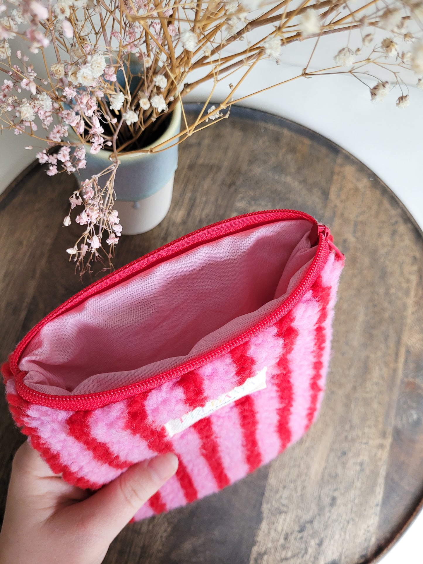 E-Reader Tasche Teddystoff mit Streifen in Rot/Pink, E-Book Hülle mit Zipper