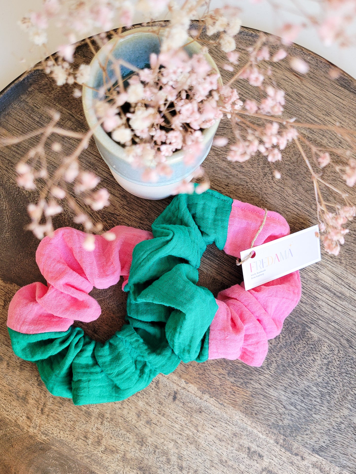 Musselin Scrunchie Pink / Grün - Groß