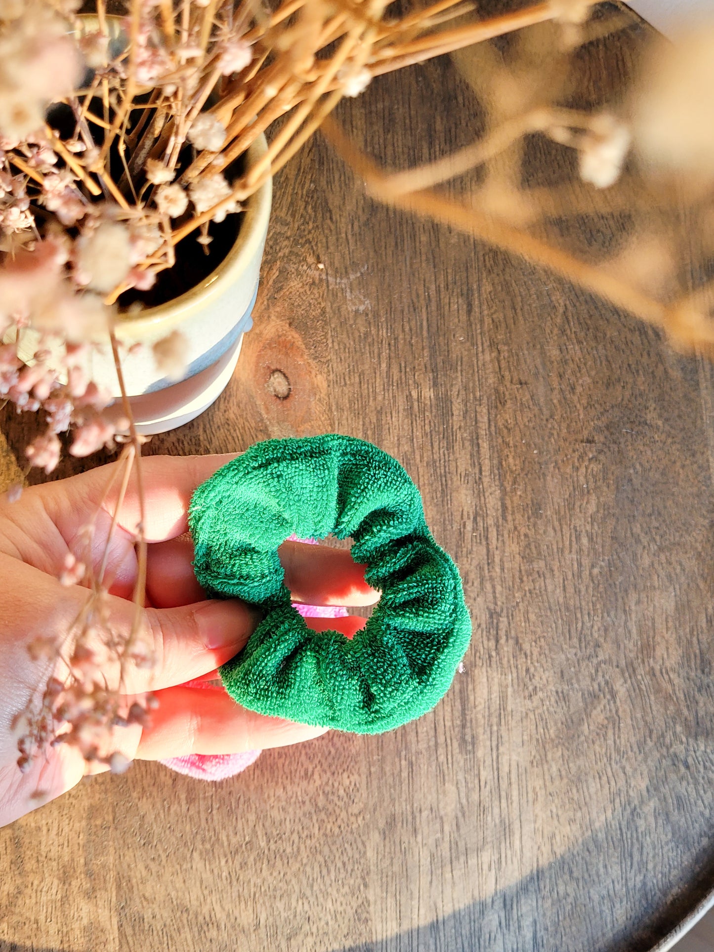 Frottee Scrunchies in Grün und Pink - mini und Groß