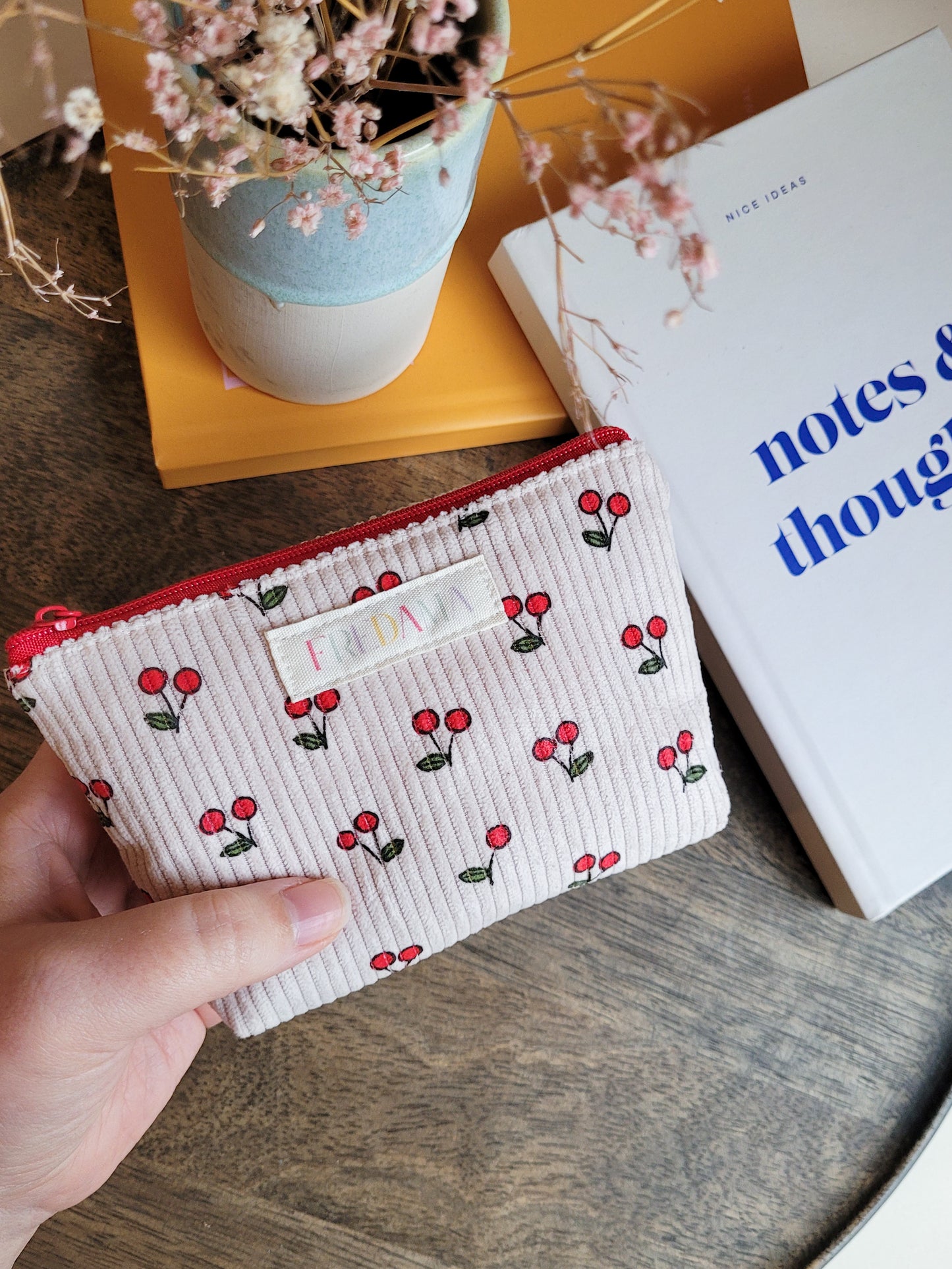 Kirschen Kosmetiktäschchen, Cord-Tasche mit Zipper, mehrere Größen