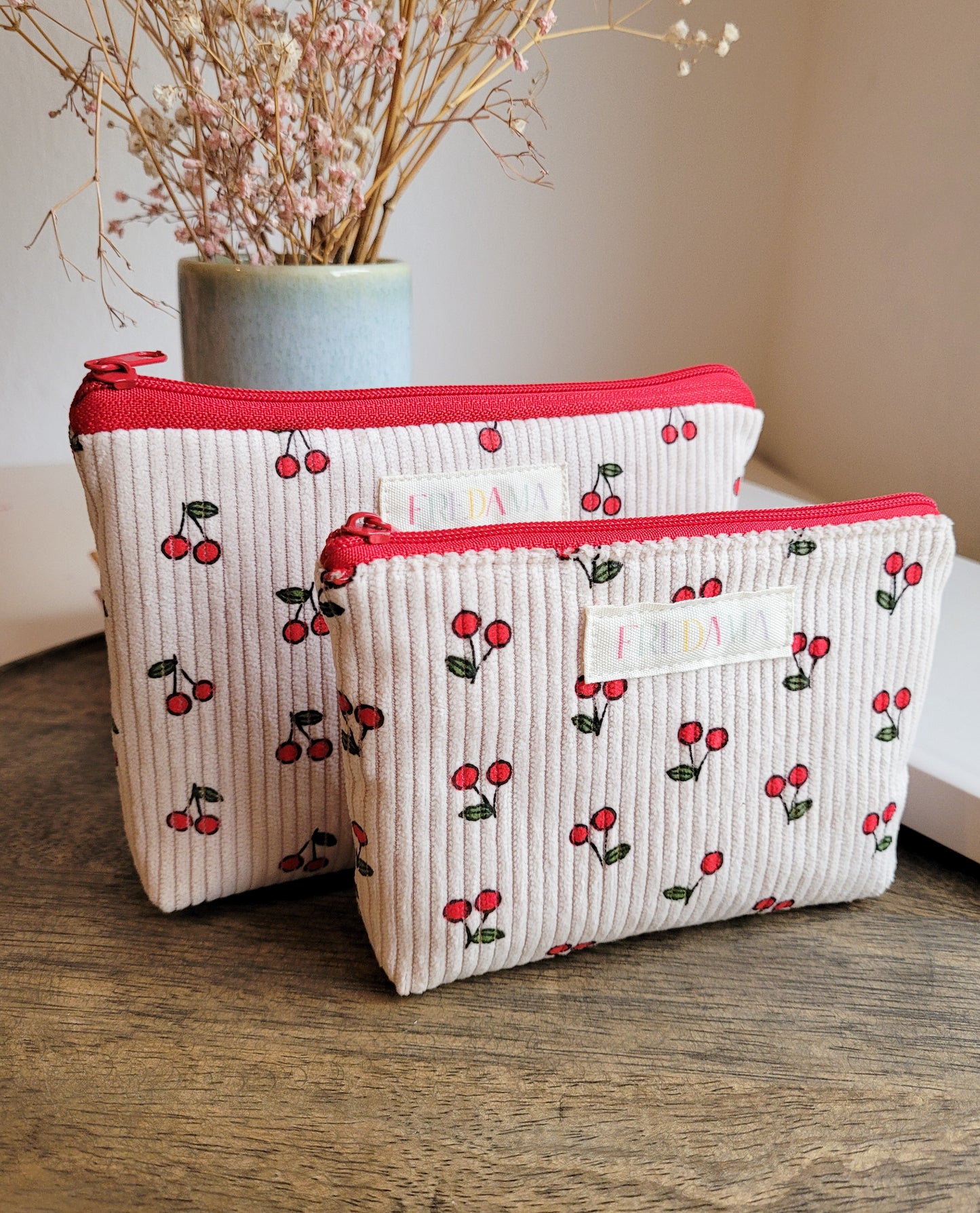 Kirschen Kosmetiktäschchen, Cord-Tasche mit Zipper, mehrere Größen