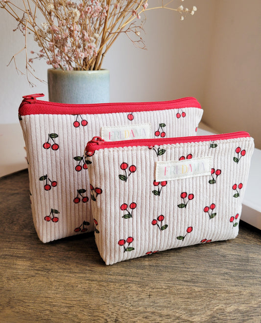 Kirschen Kosmetiktäschchen, Cord-Tasche mit Zipper, mehrere Größen
