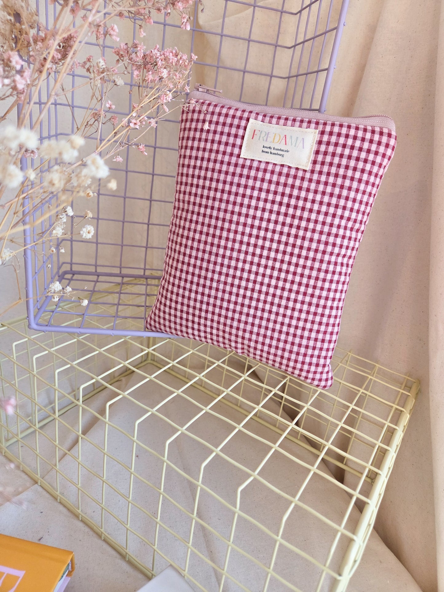 E-Reader / Laptop Tasche rosa/weinrot kariert, E-Book-Hülle mit Zipper, karierte / gestreifte Tasche für dein Notebook