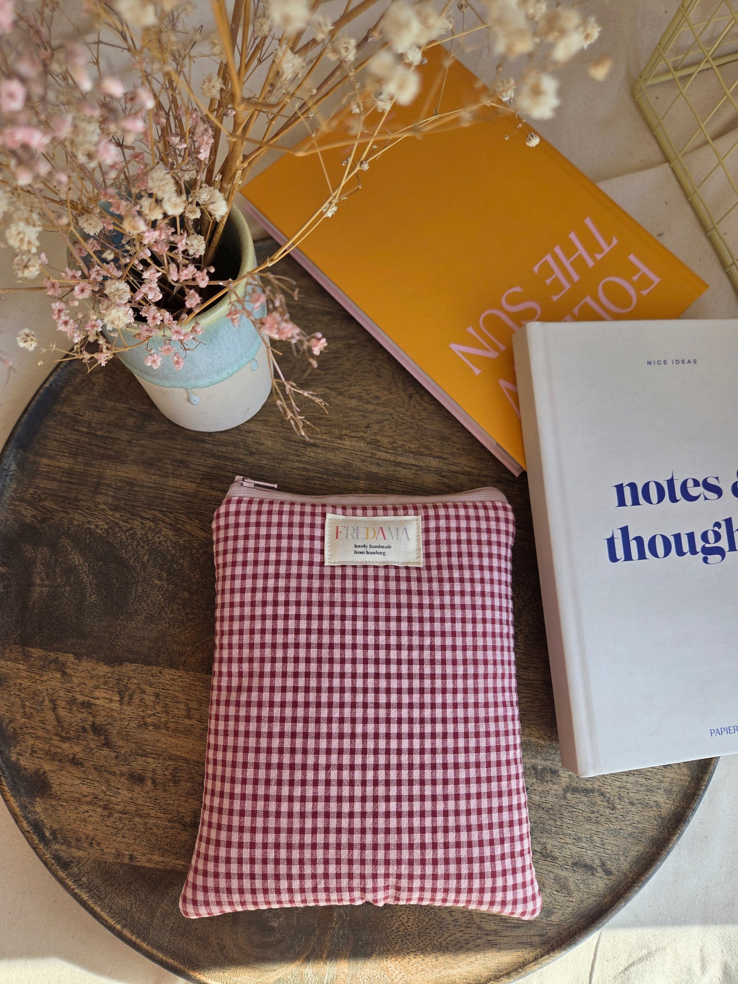 E-Reader / Laptop Tasche rosa/weinrot kariert, E-Book-Hülle mit Zipper, karierte / gestreifte Tasche für dein Notebook
