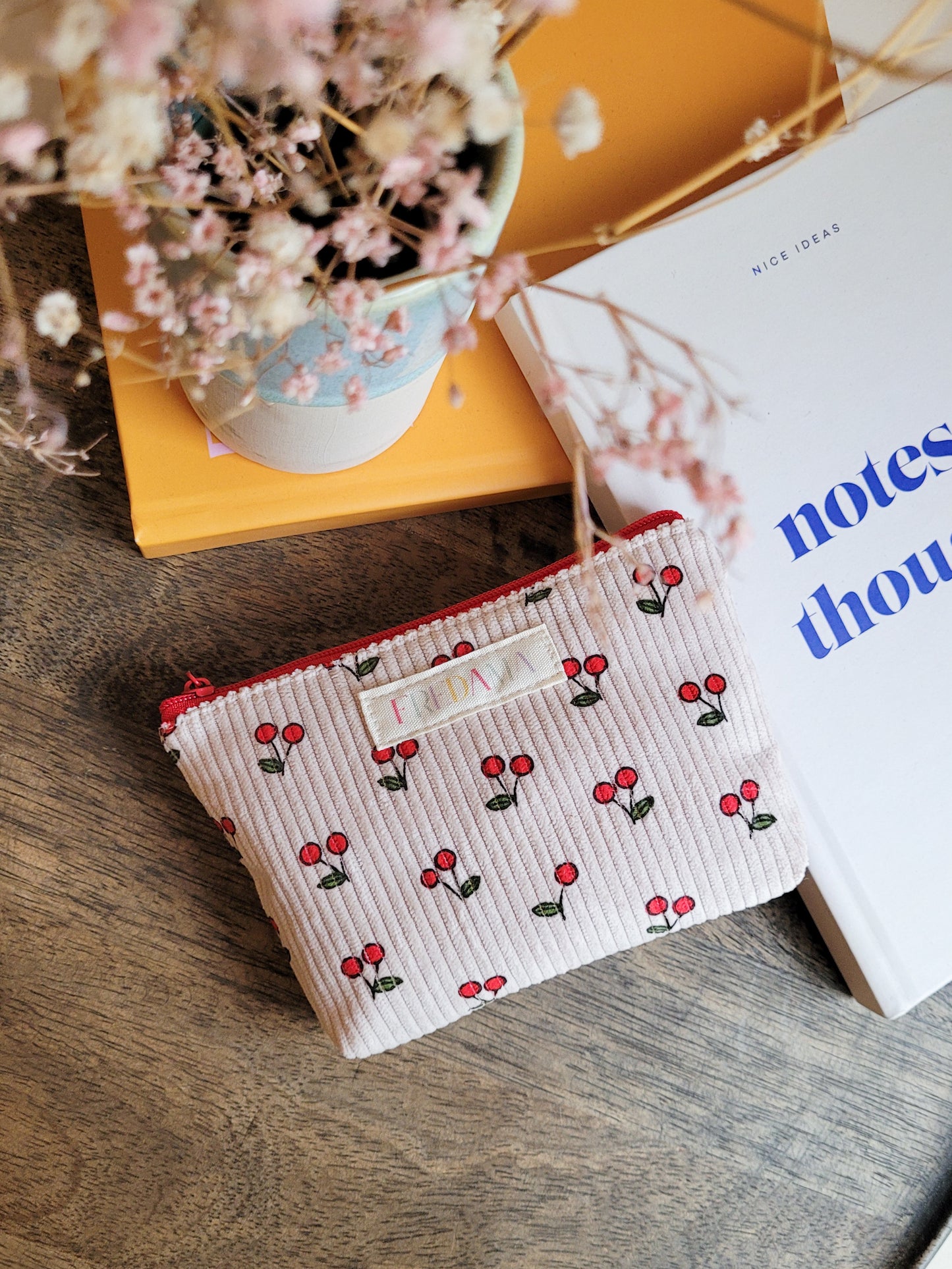 Kirschen Kosmetiktäschchen, Cord-Tasche mit Zipper, mehrere Größen