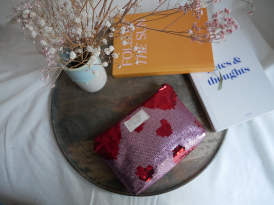 Große Kosmetiktasche aus Pailetten in rosa/rot mit Zipper, Maße 20x13x4 cm