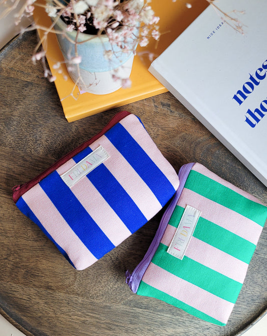 Mini bunte Schminktasche blau/rosa gestreifter Canvas, mit Boden, Maße 13x9x2 cm