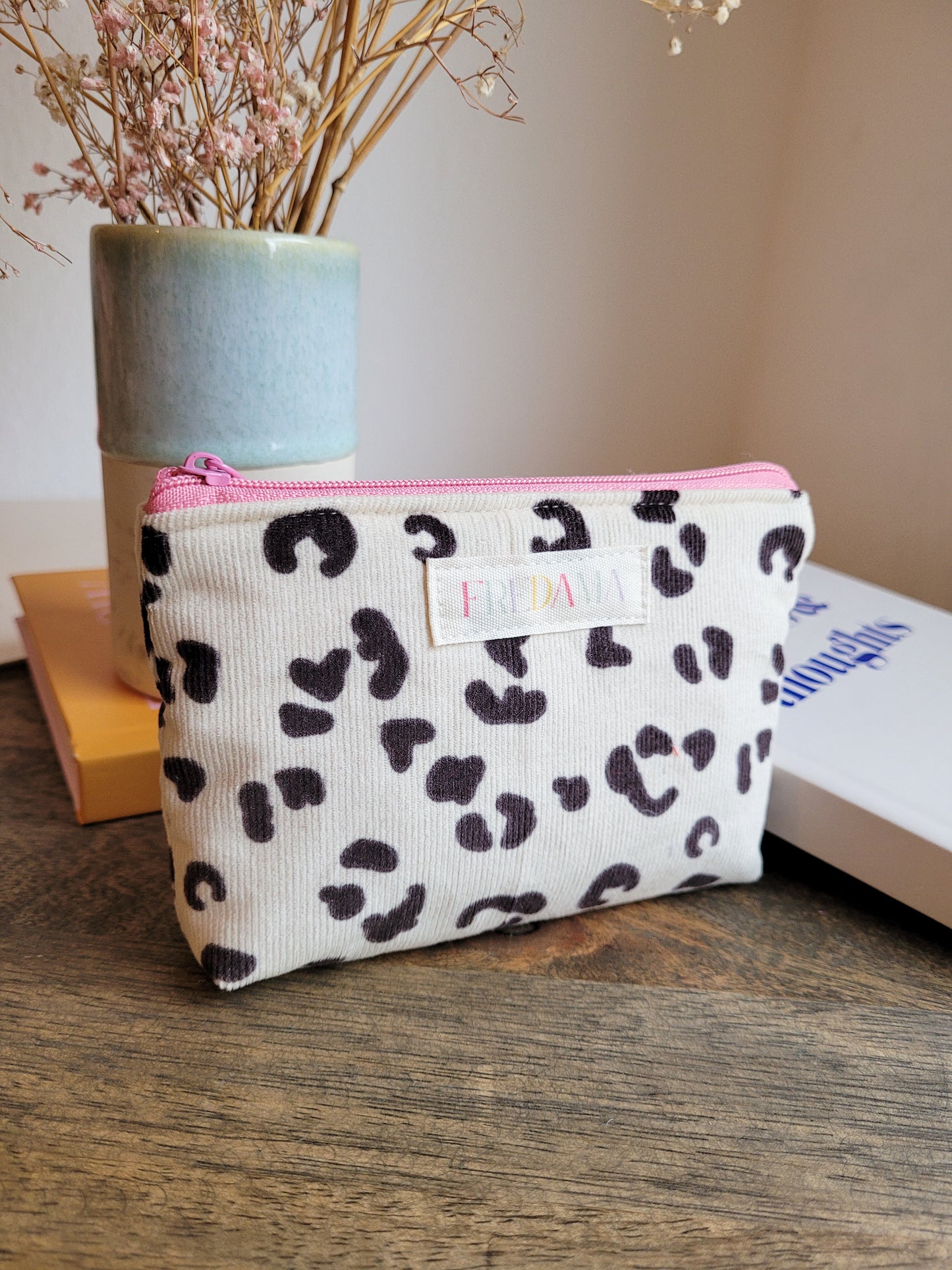 Leo-Print weiß Kosmetiktäschchen, Cord-Tasche mit Zipper, mehrere Größen