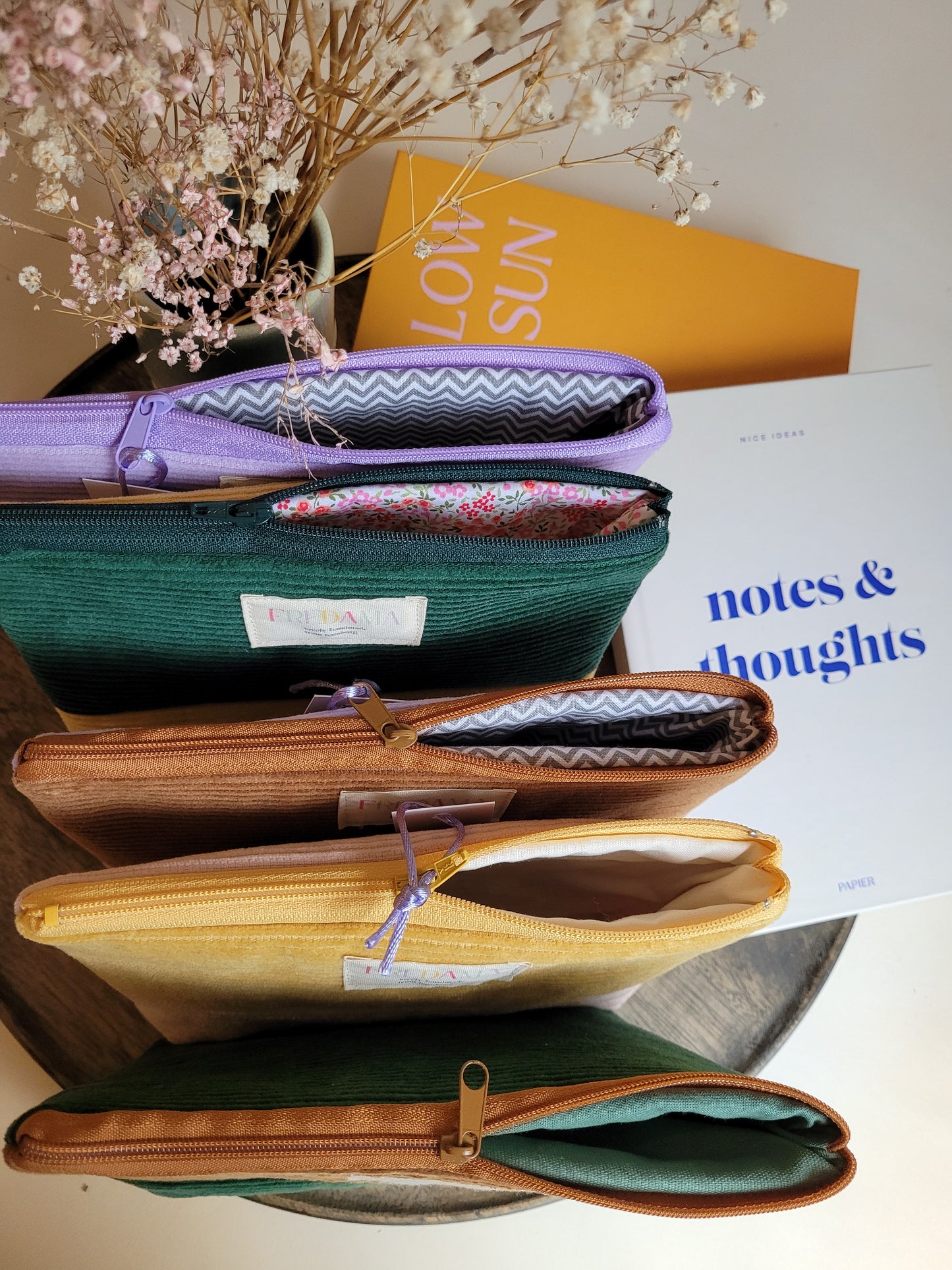 Große gelb/grün Cord Kosmetiktasche mit Zipper, Maße 20x13x4 cm