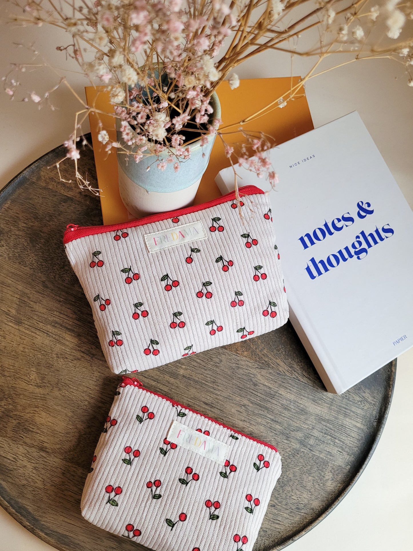 Kirschen Kosmetiktäschchen, Cord-Tasche mit Zipper, mehrere Größen