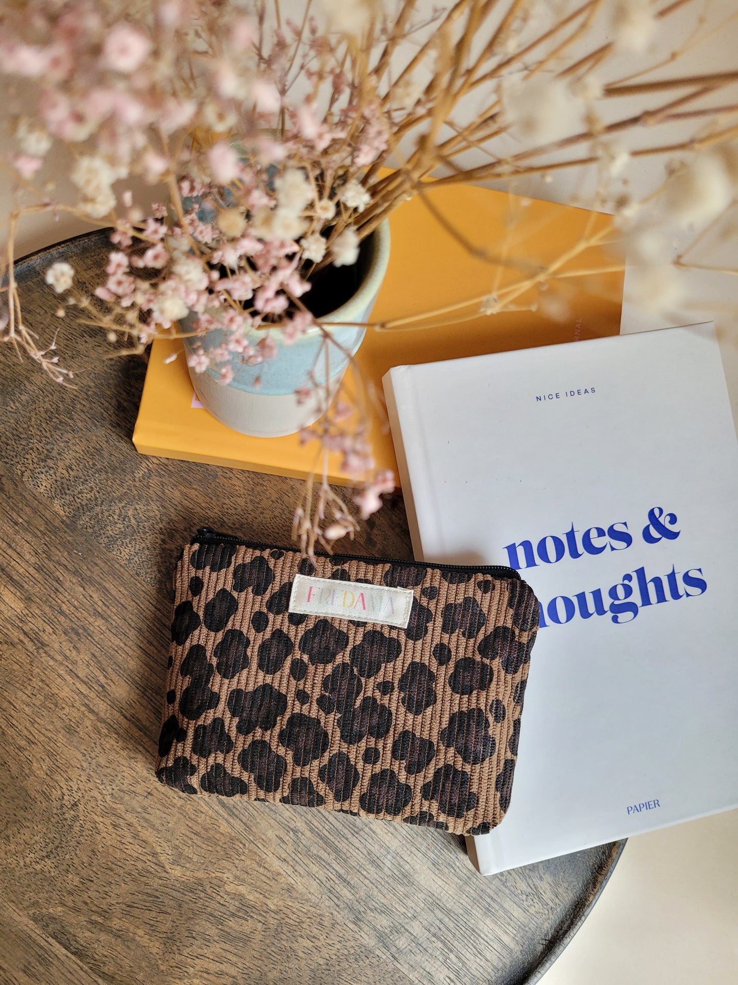 Leo-Print dunkles Kosmetiktäschchen, Cord-Tasche mit Zipper, 14x10x2 cm