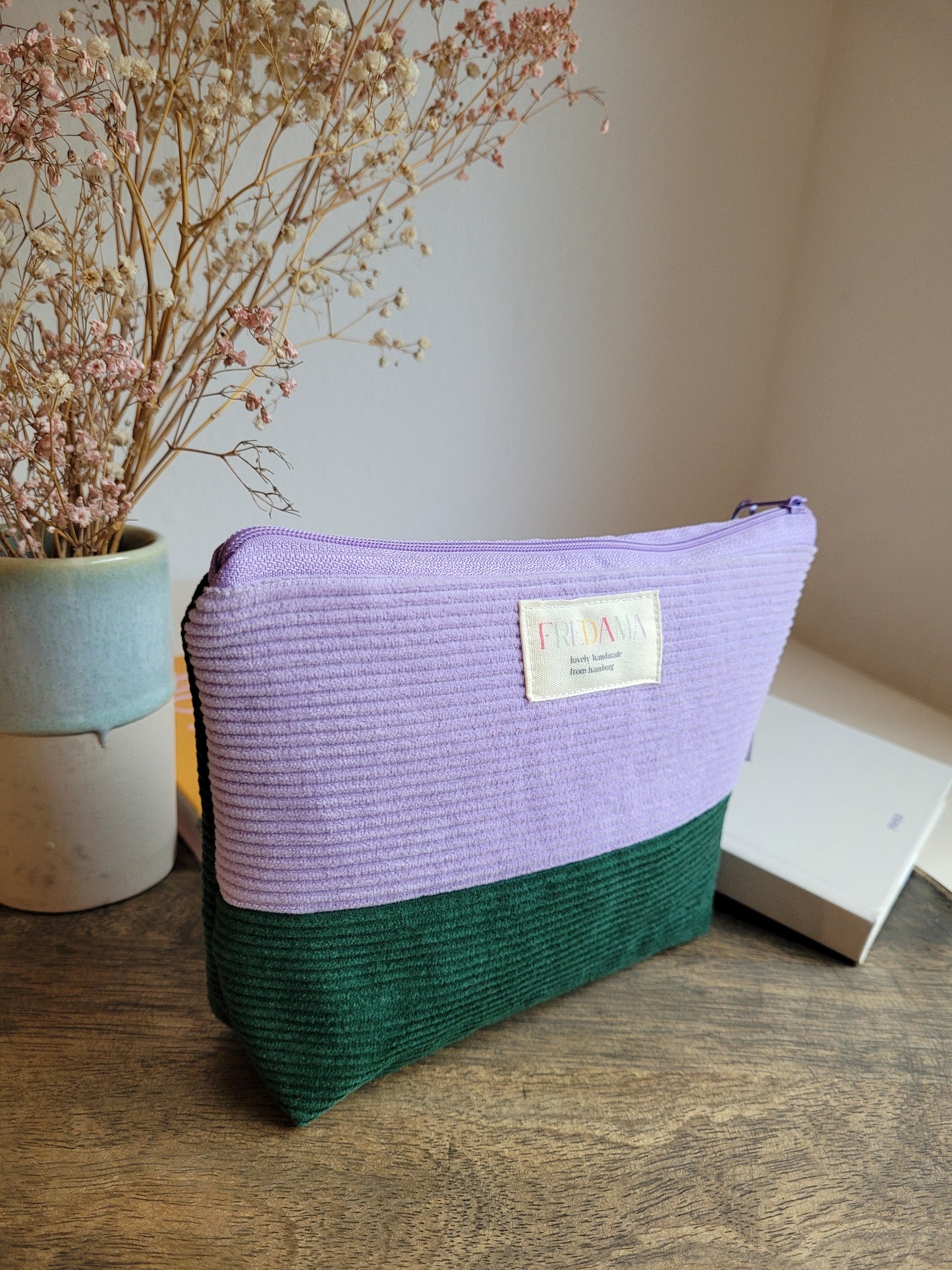 Große lila/grün Cord Kosmetiktasche mit Zipper, Maße 20x13x4 cm