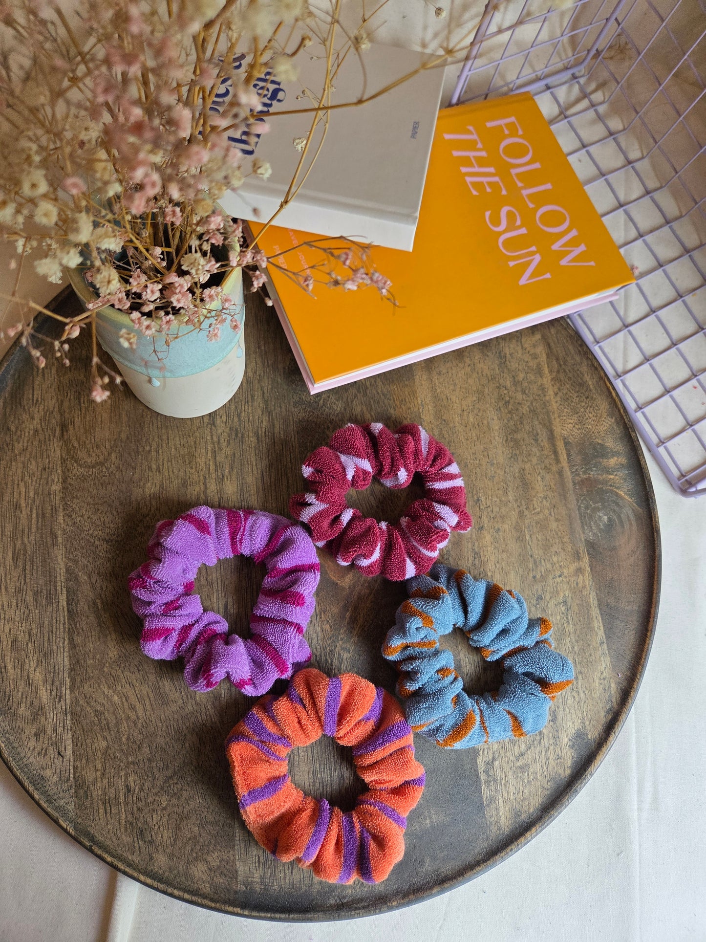 Skinny Frottee Scrunchie, gestreifte Handtuch Haargummis