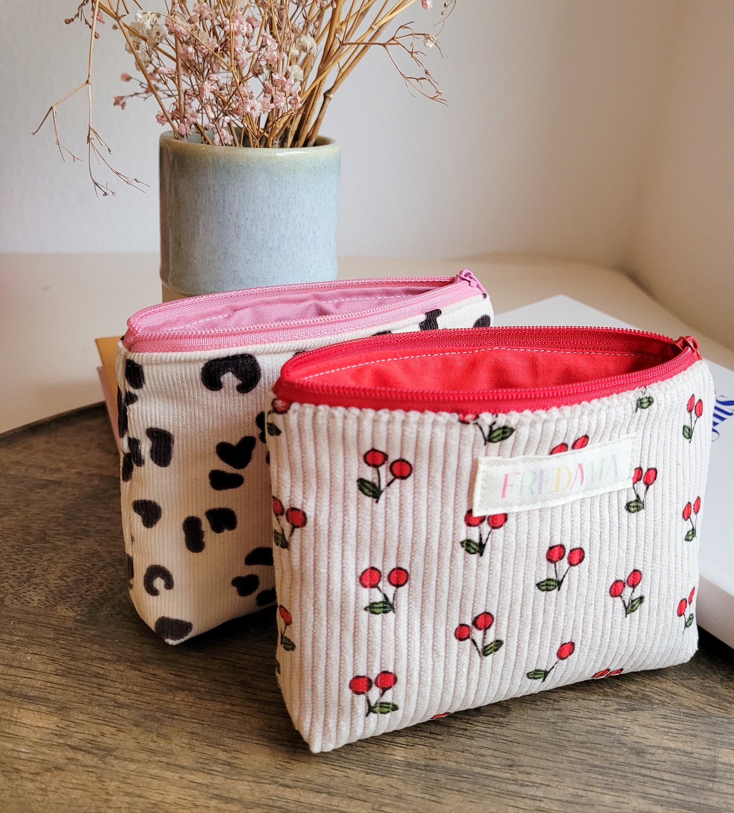 Kirschen Kosmetiktäschchen, Cord-Tasche mit Zipper, mehrere Größen