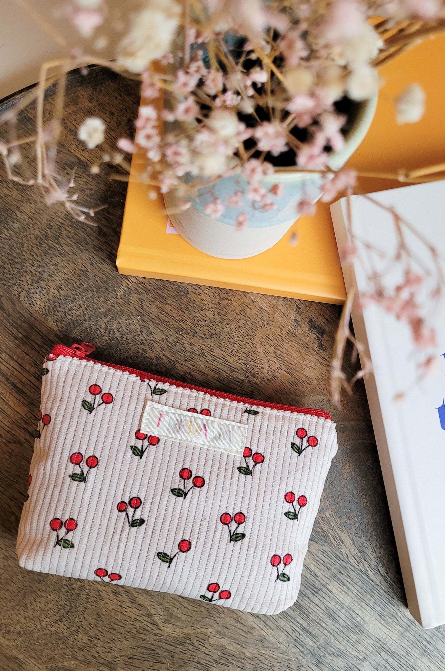 Kirschen Kosmetiktäschchen, Cord-Tasche mit Zipper, mehrere Größen