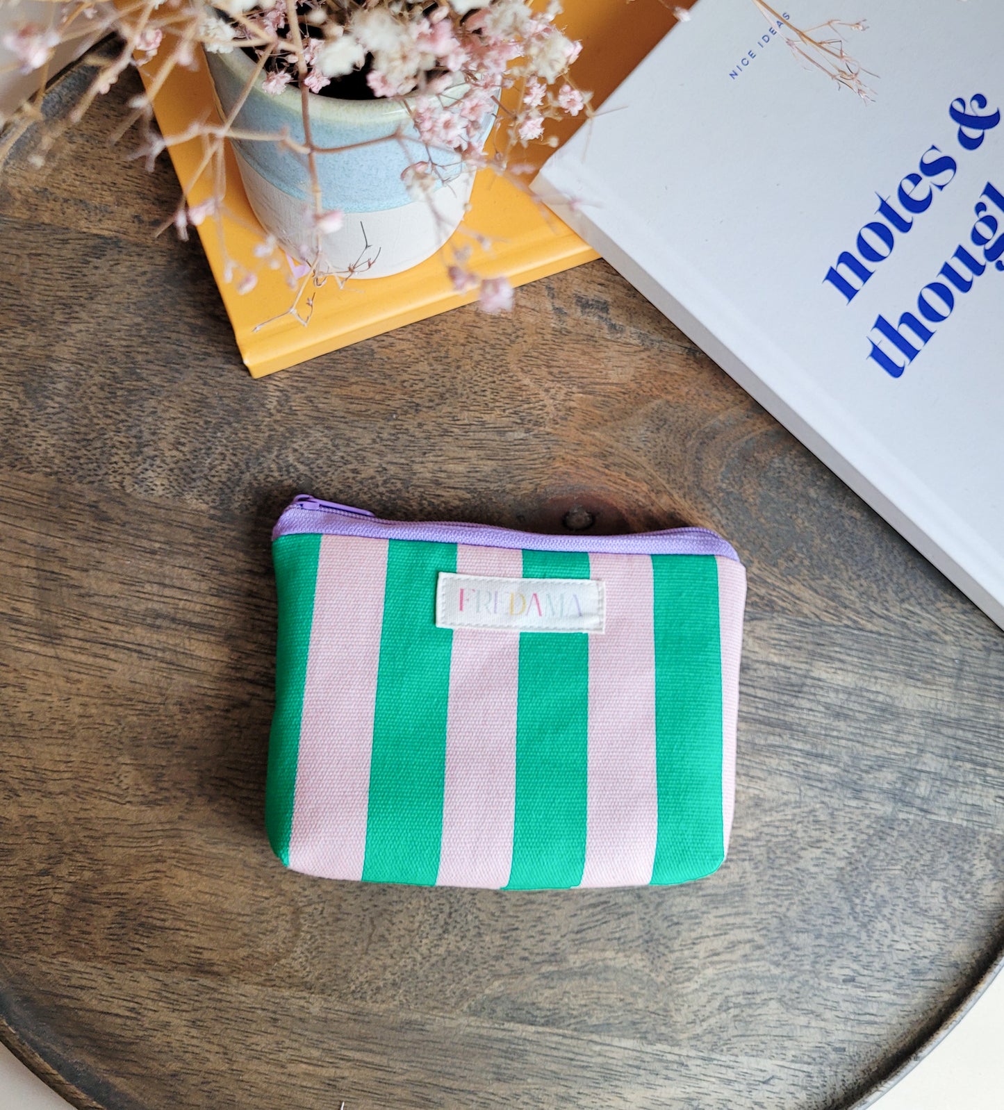 Mini bunte Schminktasche blau/rosa gestreifter Canvas, mit Boden, Maße 13x9x2 cm