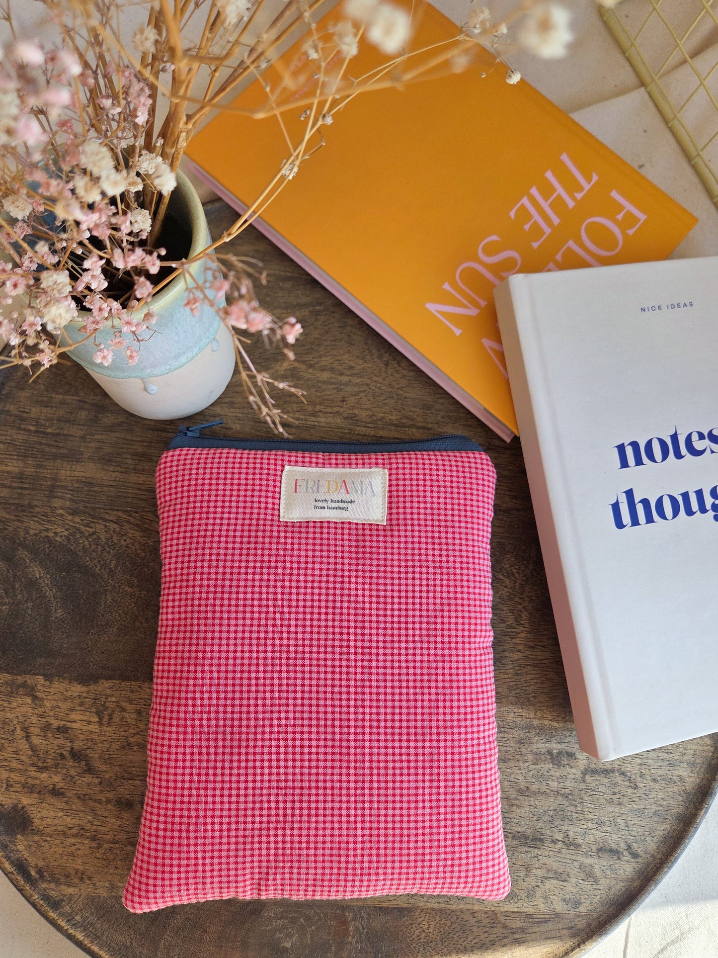 E-Reader / Laptop Tasche rot/rosa kariert, E-Book-Hülle mit Zipper, karierte / gestreifte Tasche für dein Notebook