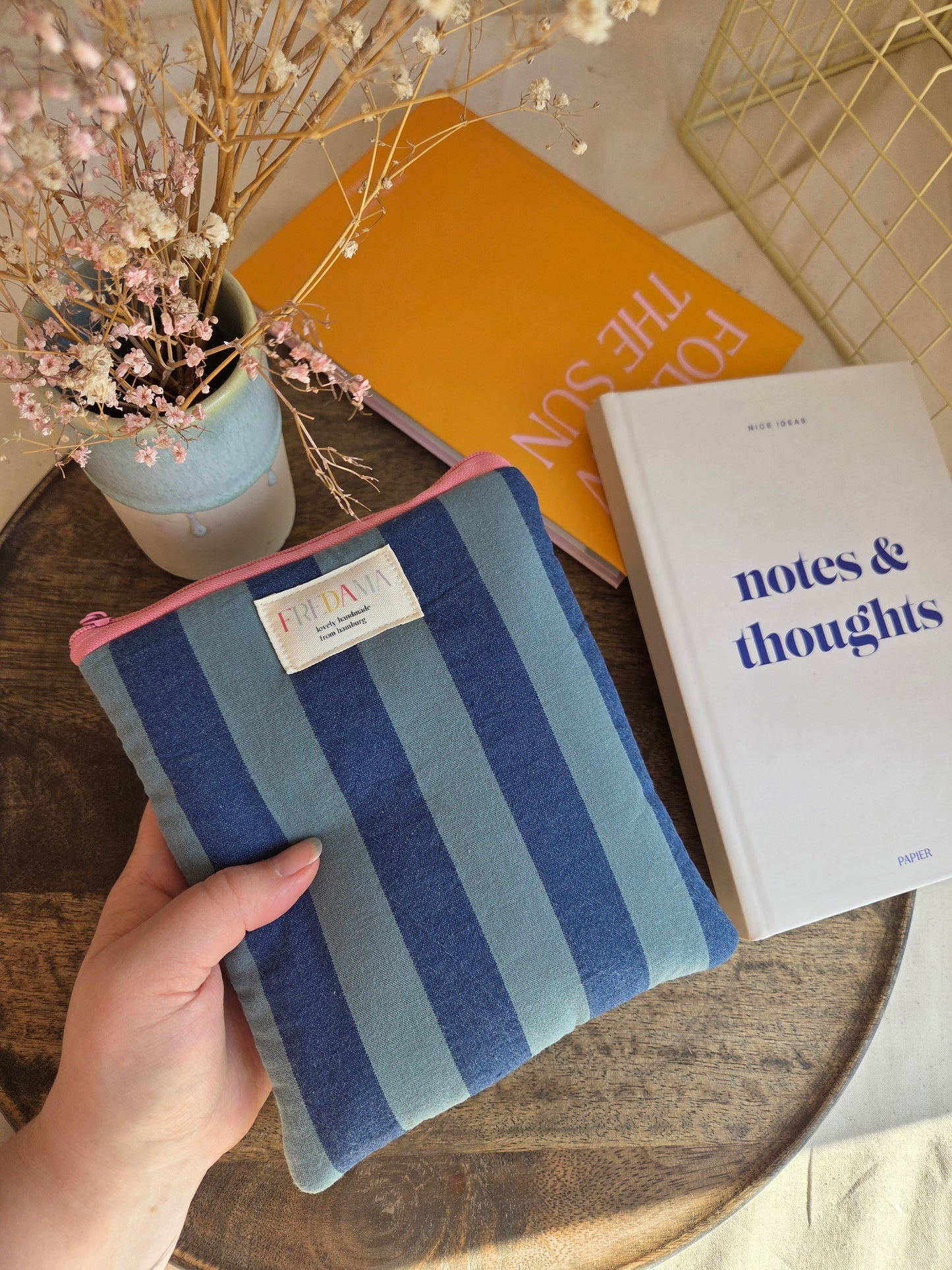 E-Reader / Laptop Tasche blaue Streifen, E-Book-Hülle mit Zipper, karierte / gestreifte Tasche für dein Notebook
