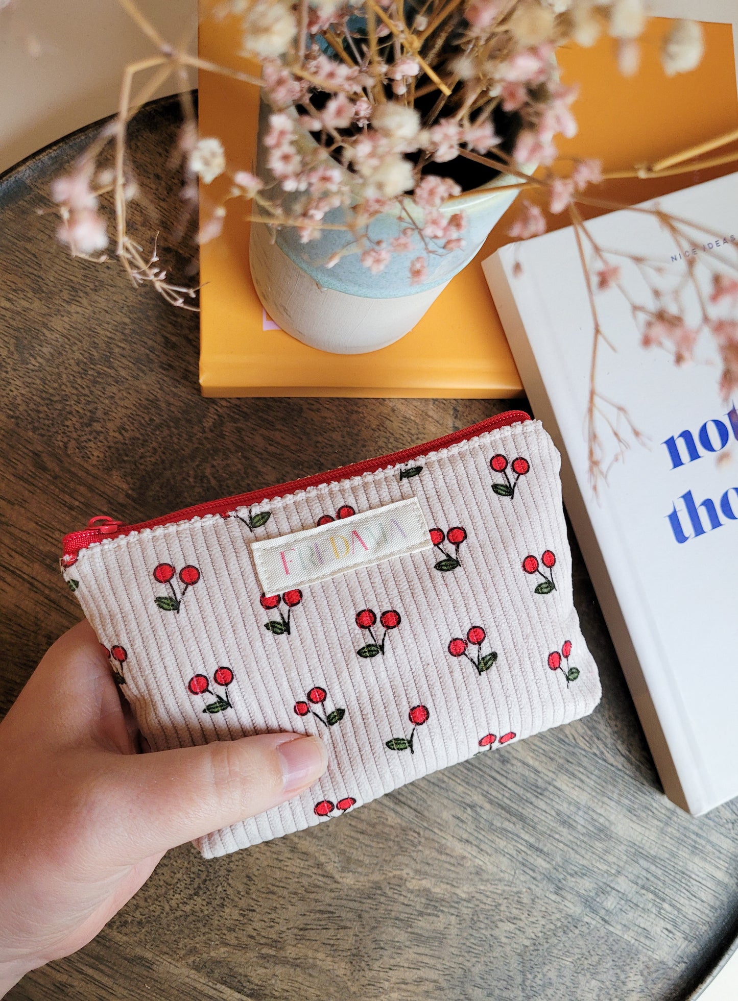 Kirschen Kosmetiktäschchen, Cord-Tasche mit Zipper, mehrere Größen