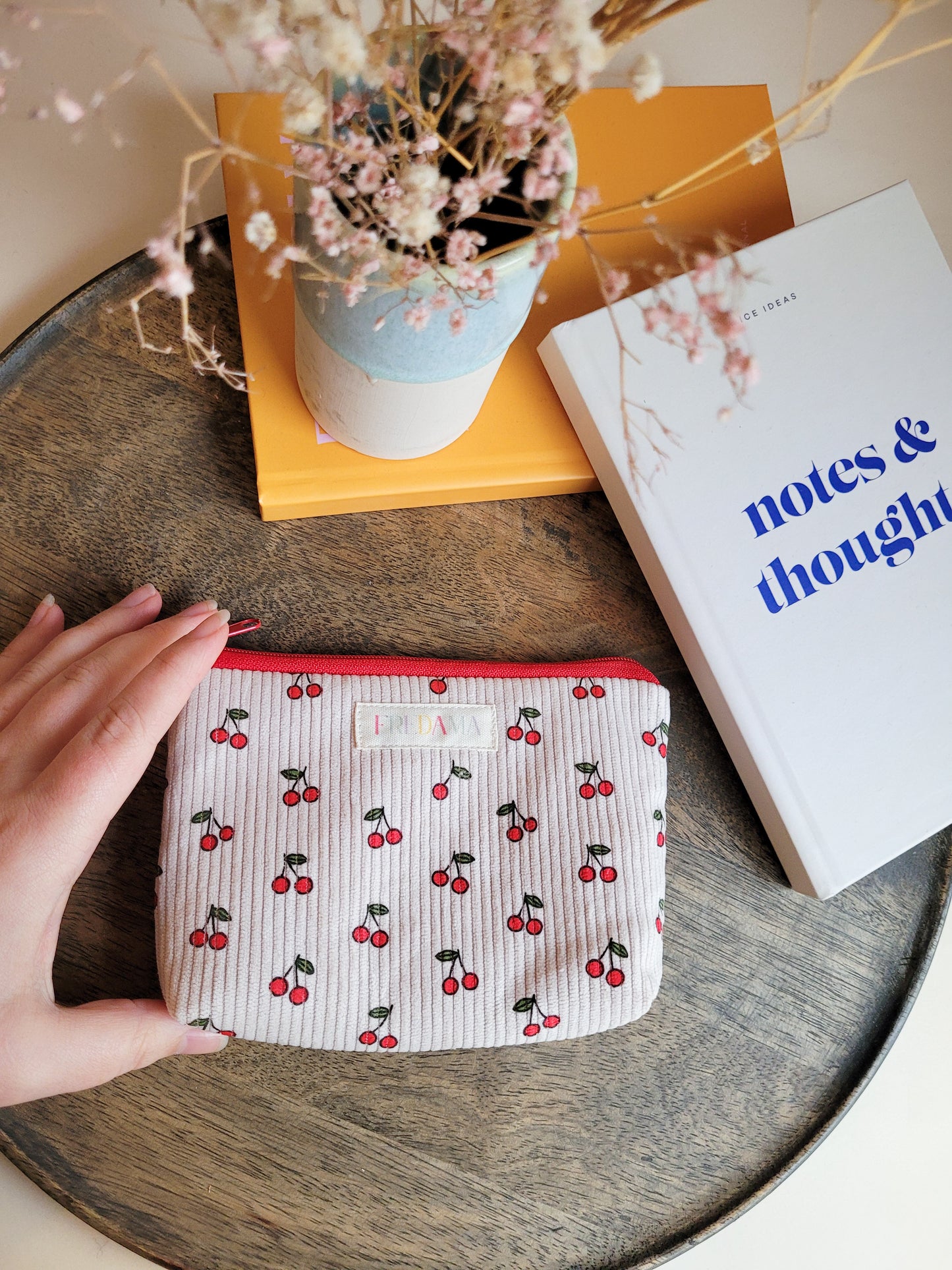 Kirschen Kosmetiktäschchen, Cord-Tasche mit Zipper, mehrere Größen