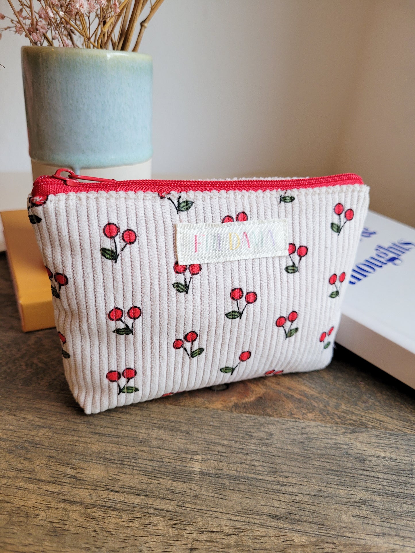 Kirschen Kosmetiktäschchen, Cord-Tasche mit Zipper, mehrere Größen