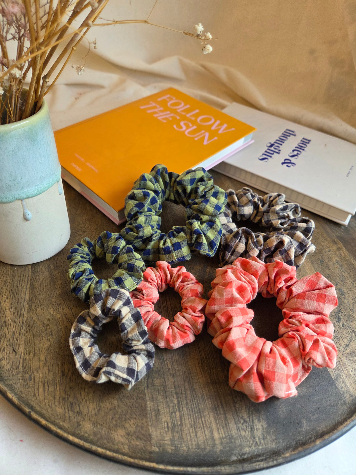 Herbst Scrunchies, grün/blau kariert, groß und mini